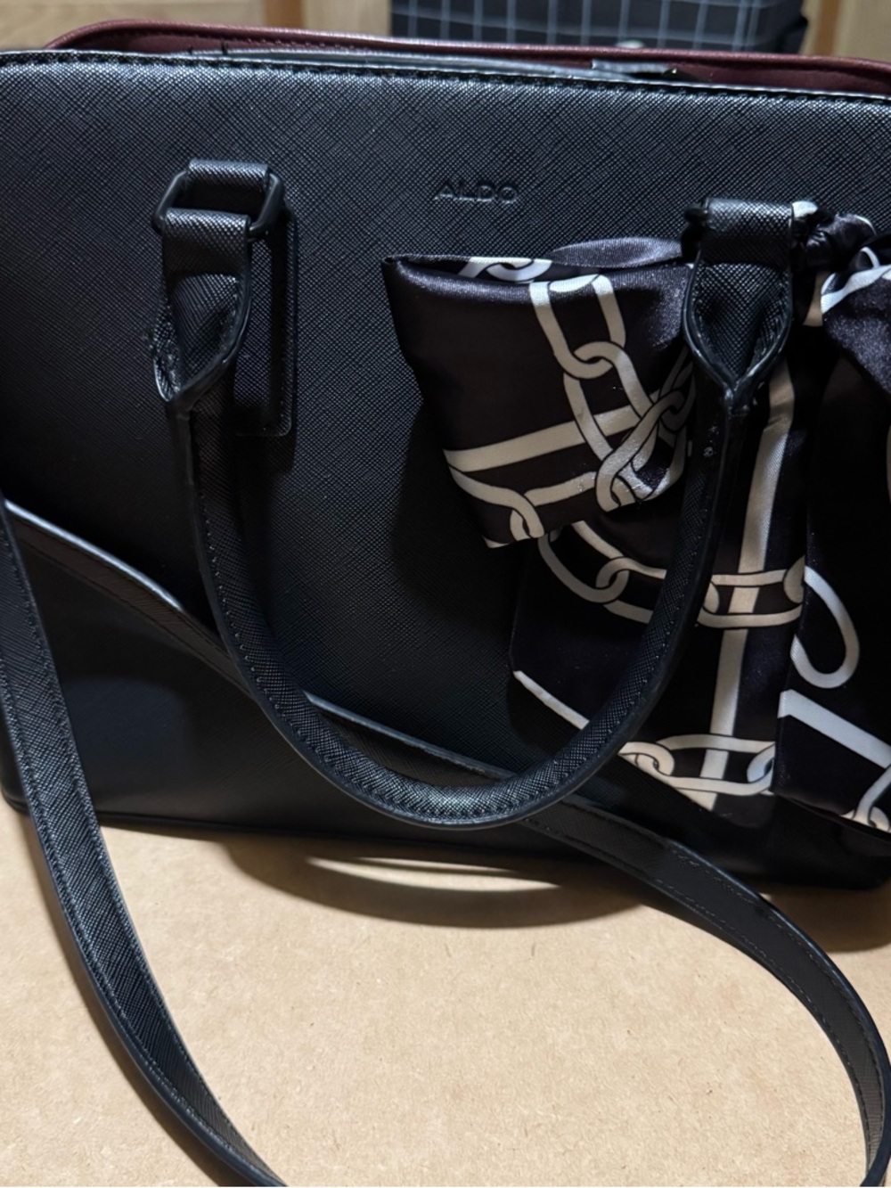 ALDO Black Satchel with Chain-Pattern Scarf Accent